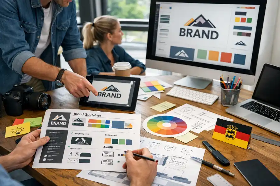 Grafikdesigner in Baden-W&uuml;rttemberg bei der Entwicklung eines Markenauftritts am Arbeitsplatz