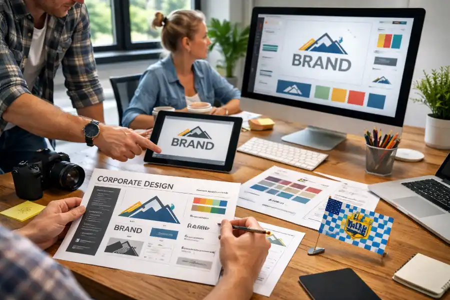 Grafikdesigner in Bayern entwickelt Corporate Design Konzepte an einem modernen Arbeitsplatz