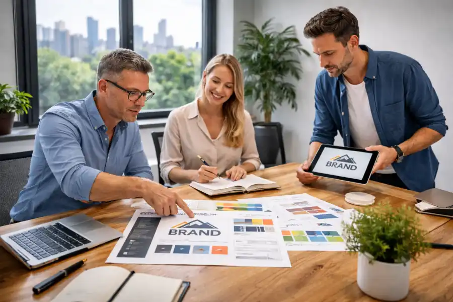 Grafikdesigner in Hessen arbeitet an Corporate Design Konzept am Monitor