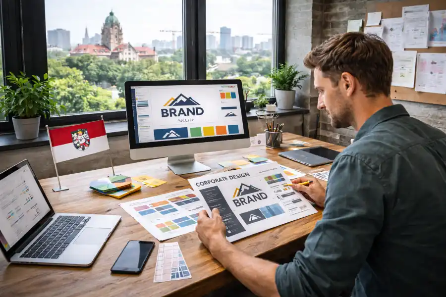 Grafikdesigner in Niedersachsen entwickelt Marken- und Designkonzepte am Arbeitsplatz