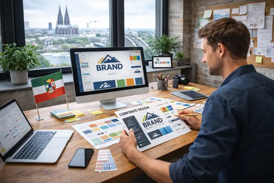 Grafikdesigner in Nordrhein-Westfalen arbeitet an Branding Konzepten in modernem Kreativb&uuml;ro