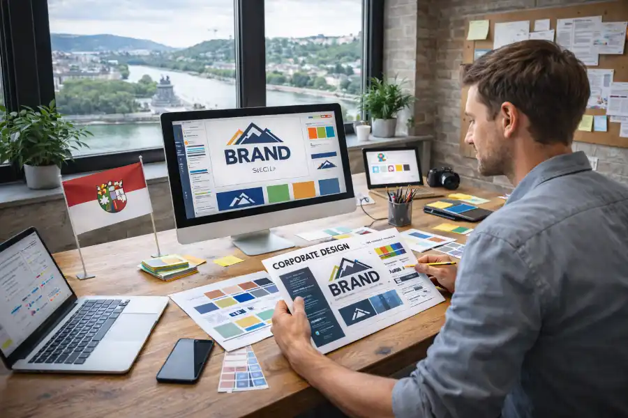 Grafikdesigner in Rheinland-Pfalz entwickelt Markenstrategie und visuelle Konzepte am Schreibtisch
