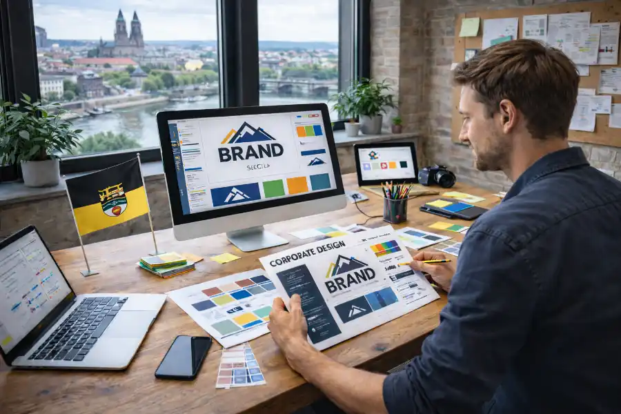 Grafikdesigner in Sachsen-Anhalt arbeitet an Branding Konzepten in modernem B&uuml;ro