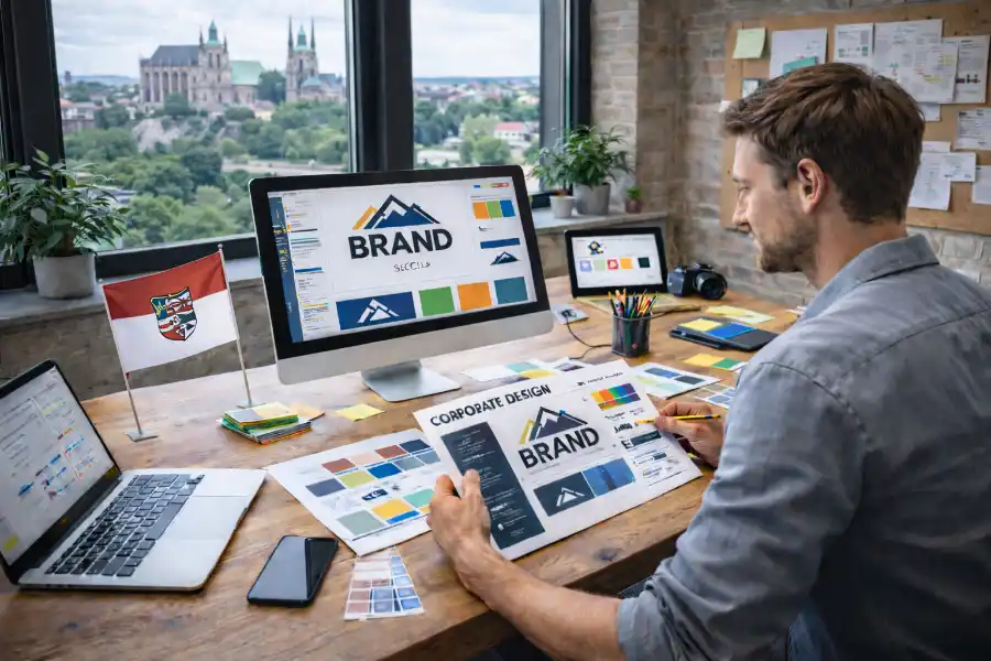 Grafikdesigner in Th&uuml;ringen entwickelt Markenstrategie und Layouts in modernem B&uuml;ro