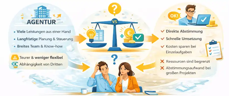 Symbolische Illustration zum Vergleich von Werbeagentur und Freelancer bei der Projektentscheidung