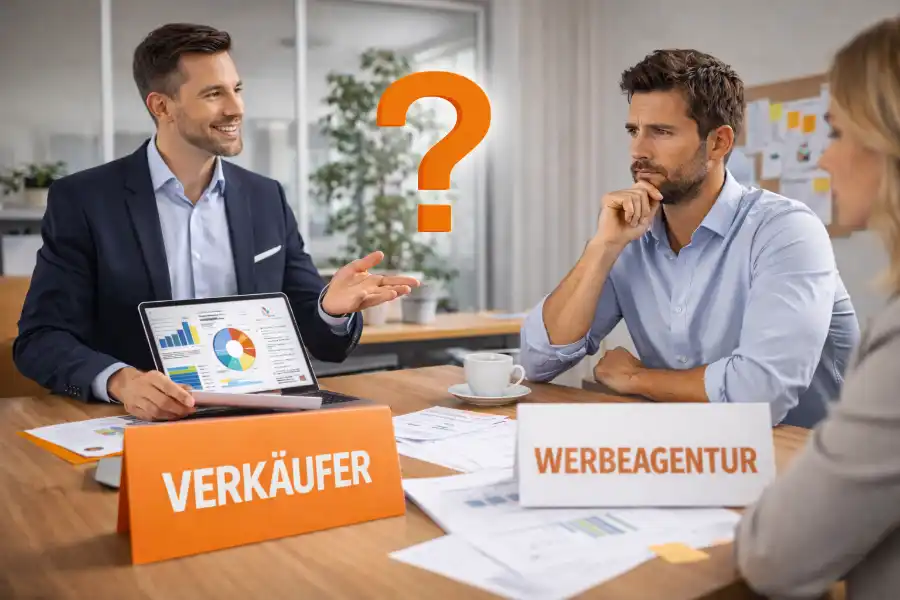 Unternehmen hinterfragt ein überzeugendes Verkaufsgespräch einer Werbeagentur