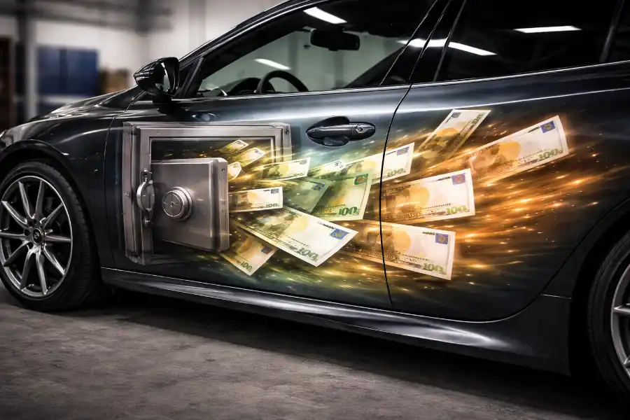 Airbrush Design mit Geldmotiv auf einer Autotür als Symbol für Kosten und Preise