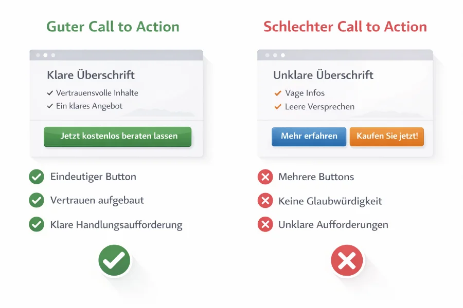 Vergleich zwischen gutem und schlechtem Call to Action mit klarer und unklarer Nutzerführung
