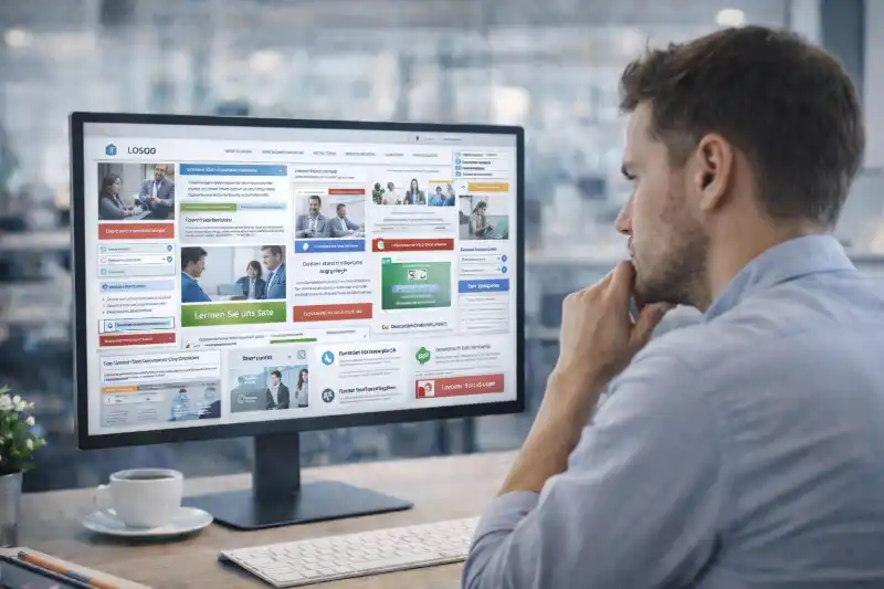 Unternehmer blickt auf überladene Firmenwebsite ohne klare Struktur