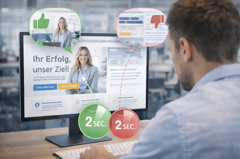 Website Besucher trifft schnelle Entscheidung beim Blick auf eine Unternehmenswebsite