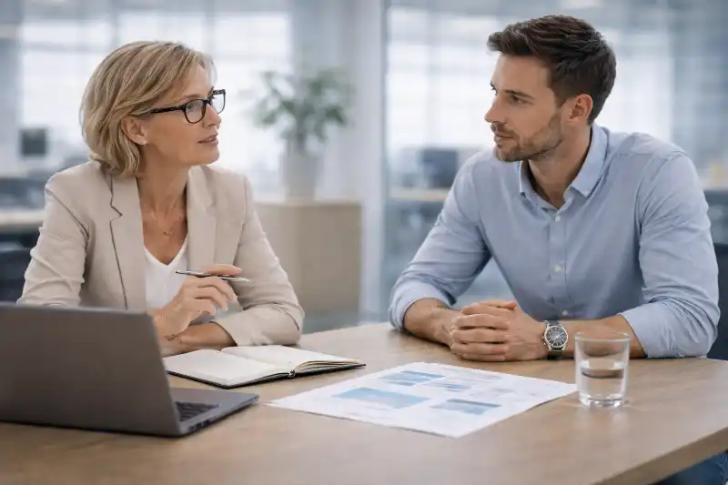 Unternehmerin und Webdesigner besprechen gemeinsam Entscheidungen im Webdesign Projekt