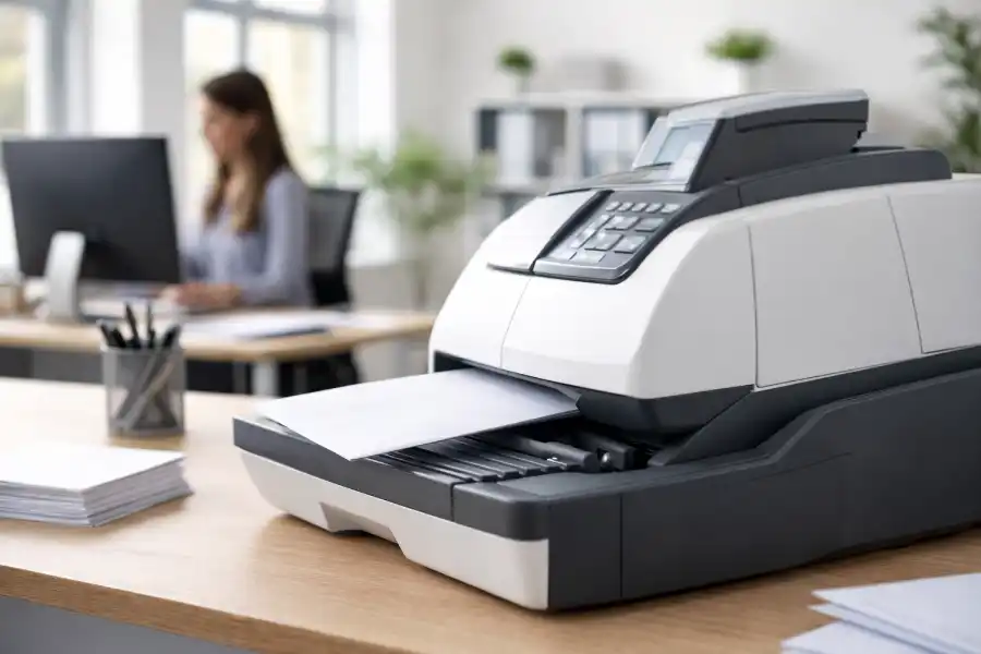Frankiermaschine im Büro beim Frankieren von Geschäftspost auf einem Schreibtisch