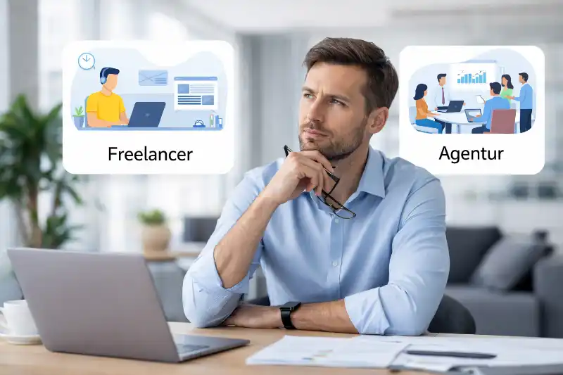 Unternehmer vergleicht Webdesign Freelancer und Agentur