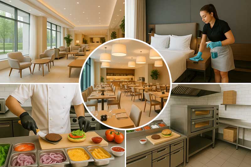 Professionelle Reinigung für alle Gastronomiebereiche – von Lobby bis Küche Reinigung in fünf Gastronomiebereichen: Lobby, Hotelzimmer, Restaurant, Zubereitungsküche und Produktionsküche