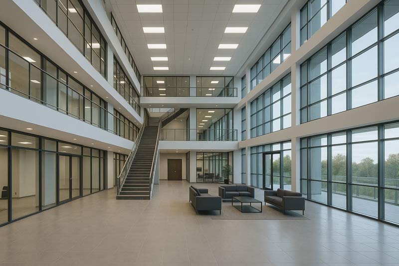 Gebäudereinigung in öffentlichem Verwaltungsgebäude – Reinigungskraft wischt hellen Eingangsbereich