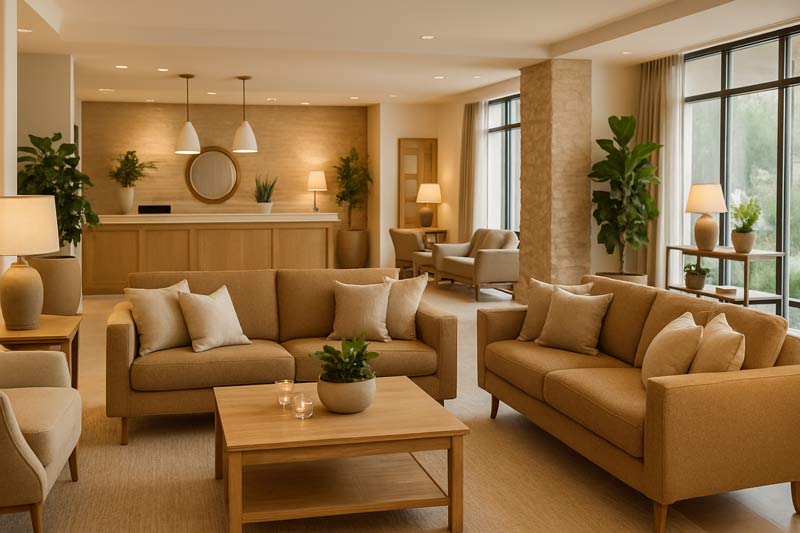 Gebäudereinigung im Hotelzimmer – Reinigungskraft bei der hygienischen Bodenpflege mit Reinigungswagen