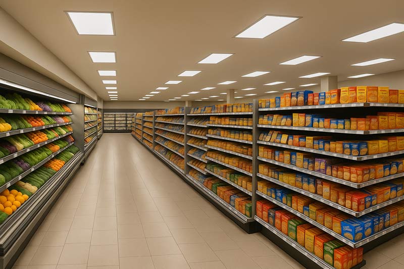Gebäudereinigung im Supermarkt – Reinigungskraft säubert Verkaufsfläche zwischen Regalen