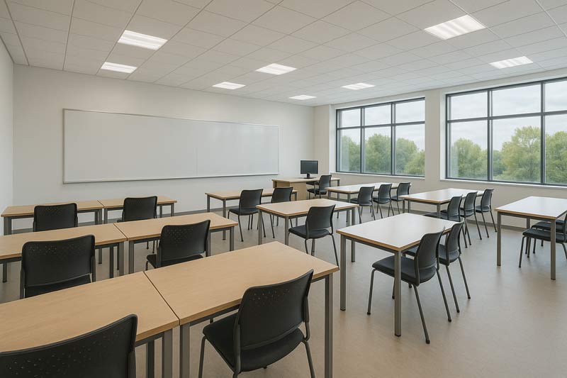 Gebäudereinigung in Klassenzimmer – Reinigungskraft bei der Schulreinigung mit professionellem Equipment