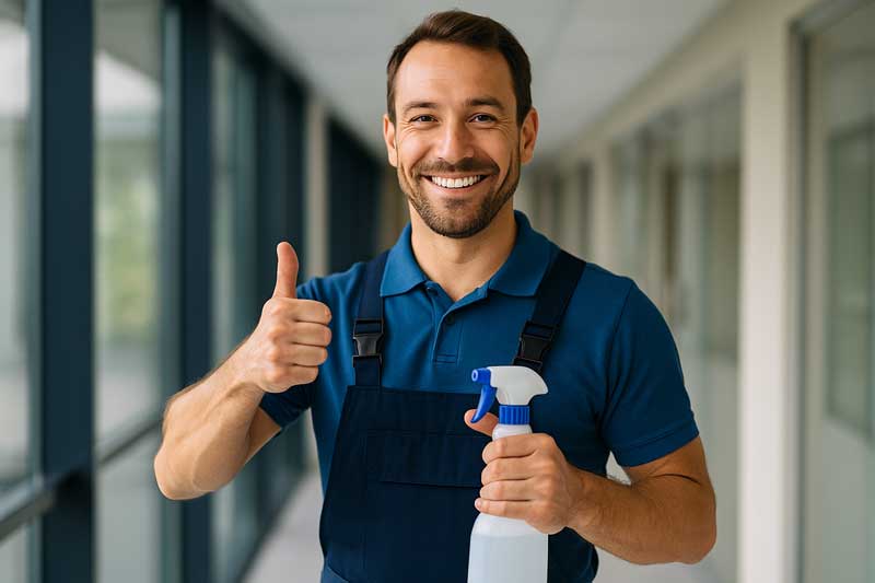 Reinigungskraft in Arbeitskleidung mit Sprayflasche