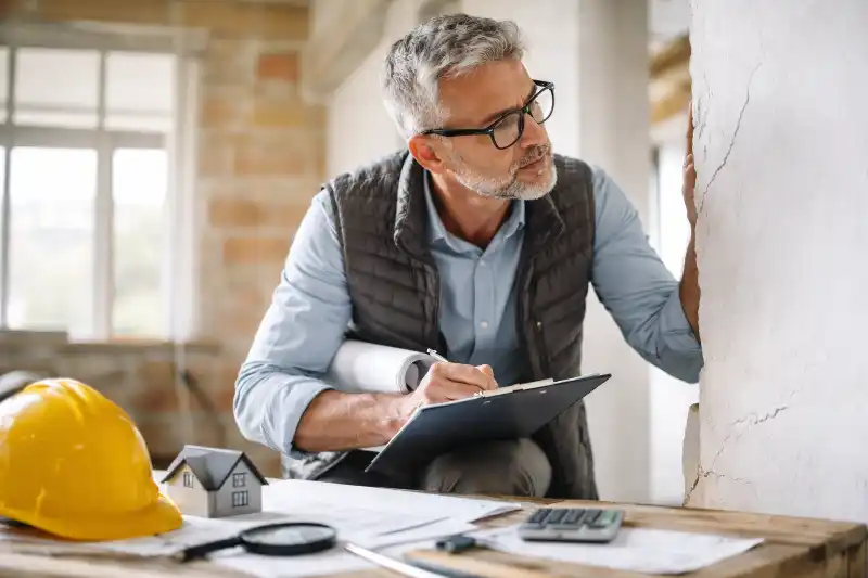 Gutachter prüft einen Bauschaden und dokumentiert den Zustand an einer Wand