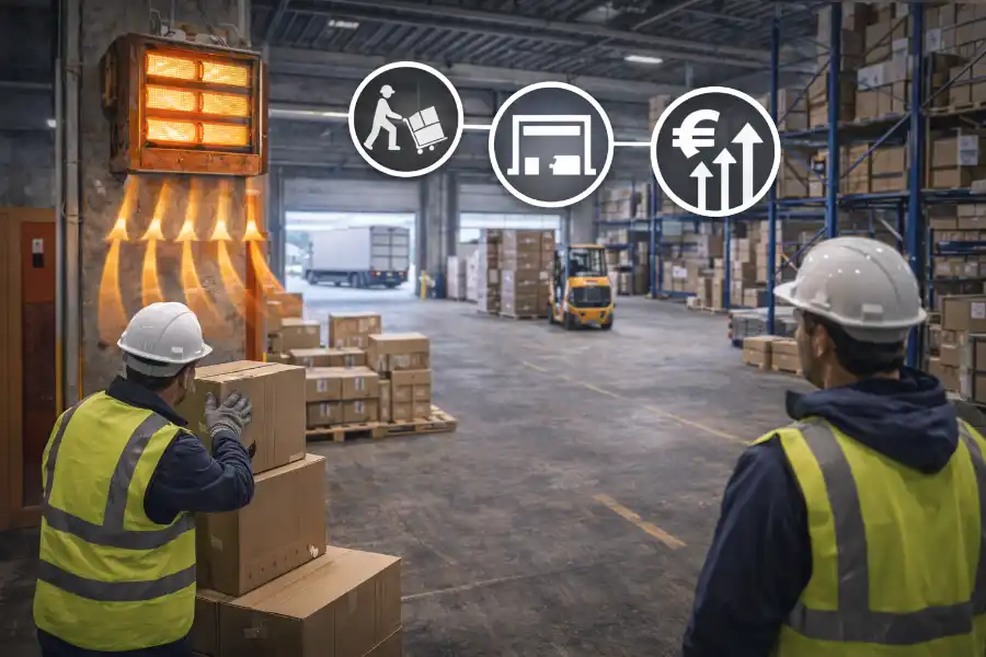 Hallenheizung in einer Logistik- und Lagerhalle mit Hochregalen