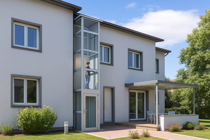 Moderner Hauslift außen: Barrierefreier Zugang über zwei Etagen im Mehrfamilienhaus Hauslift außen – moderner Senkrechtlift an einem Mehrfamilienhaus mit barrierefreiem Zugang auf zwei Etagen