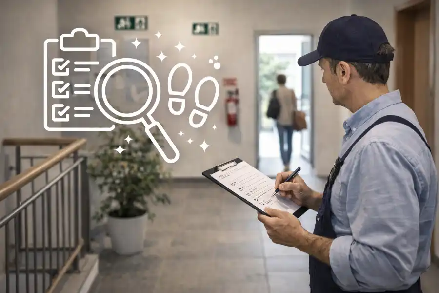 Hausmeister bei einem Kontrollgang durch ein Wohngebäude