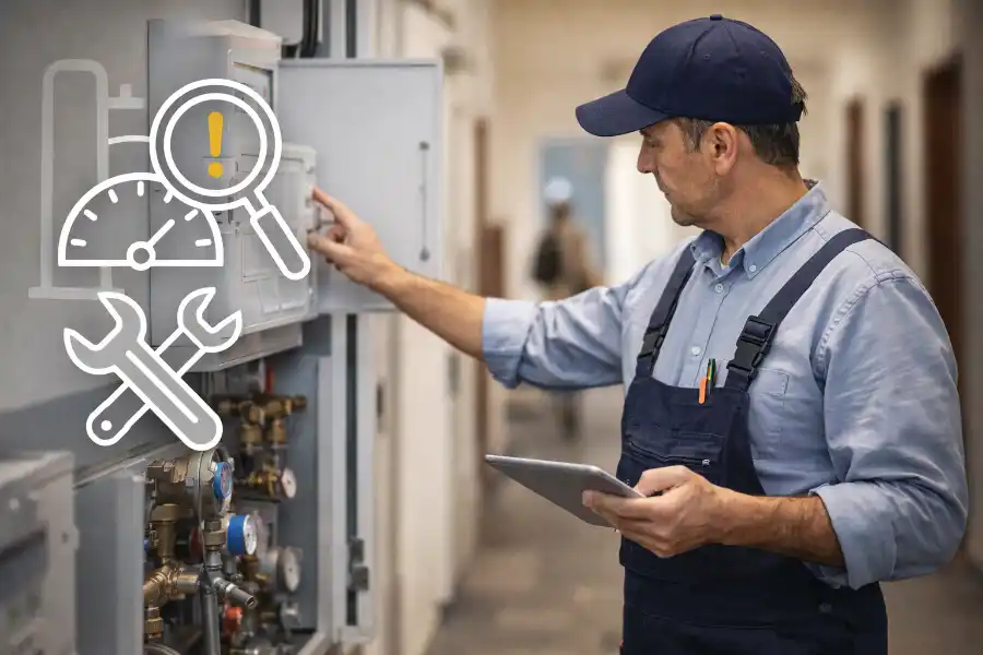 Hausmeister kontrolliert technische Anlagen in einem Wohngebäude