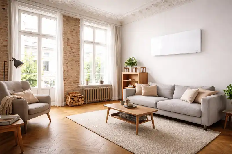 Infrarotheizung in einem Altbau mit hohen Decken und großen Fenstern