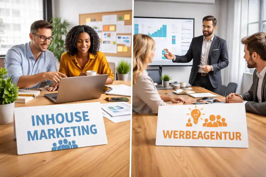 Unternehmen entscheidet zwischen Inhouse Marketing und externer Werbeagentur