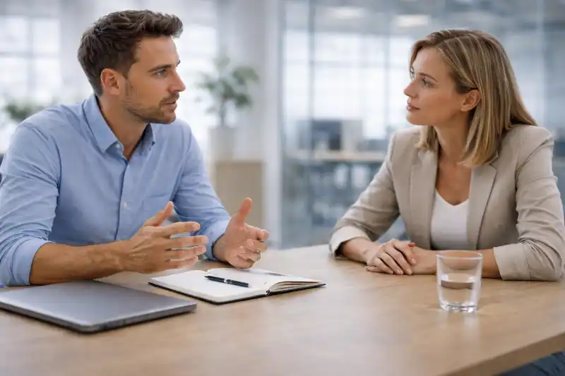 Auftraggeber und Webdesigner im ruhigen Austausch über ein Projekt