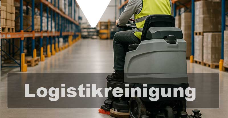 Lagerreinigung: Reinigung groĂer LogistikflĂ€che mit Bodenreinigungsmaschine Fachkraft reinigt groĂe Lagerhalle mit Aufsitz-Reinigungsmaschine