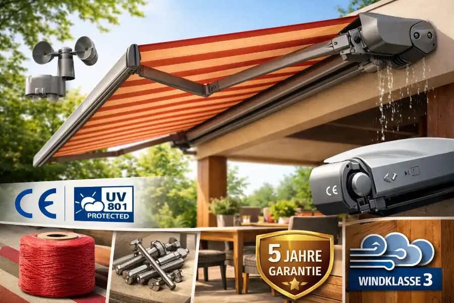 Hochwertige Markise mit Kassettengehäuse, stabilem Gelenkarm, UV geschütztem Markisenstoff und Windklasse 3 Kennzeichnung
