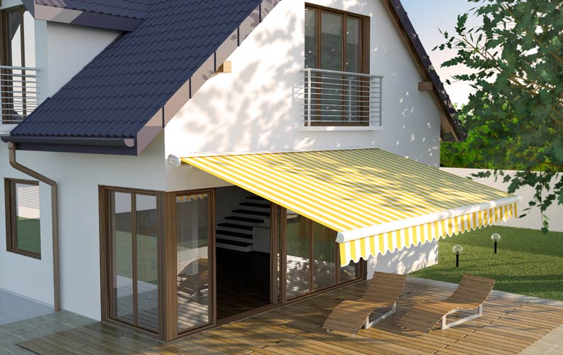 Gelb-Weiße Markise für die Terrasse als Beispiel des Anbieters