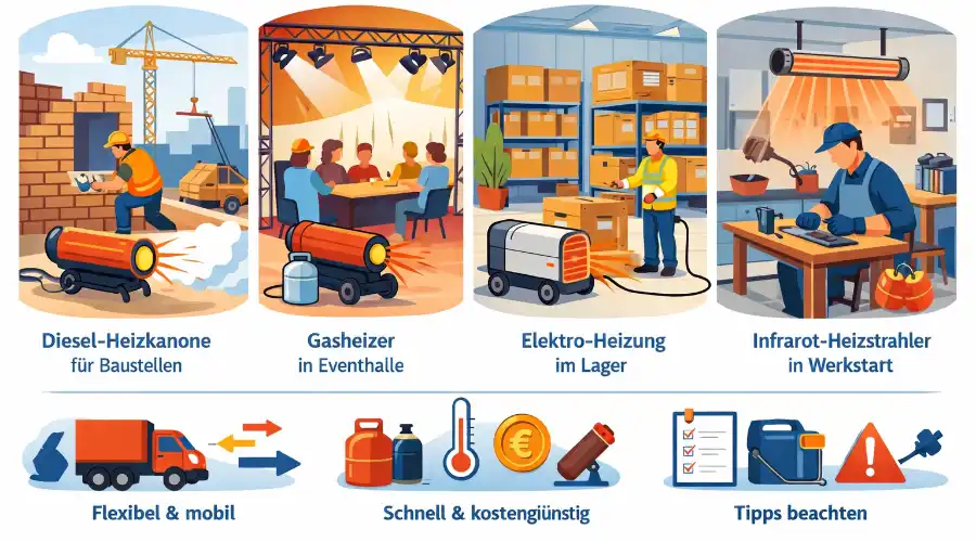 Illustration: Mobile Hallenheizungen im Einsatz – Diesel Heizkanone auf Baustelle, Gasheizer in Eventhalle, Elektro Heizung im Lager und Infrarot Heizstrahler in Werkstatt