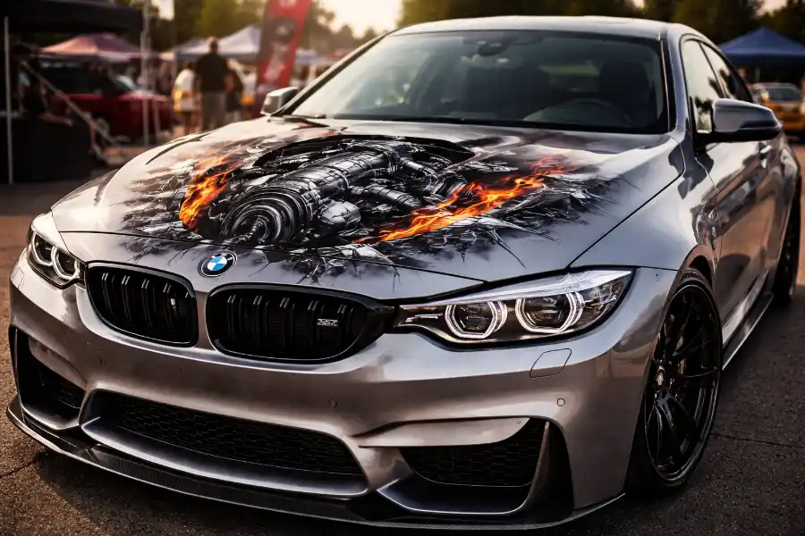 Airbrush Design auf der Motorhaube bei Tageslicht