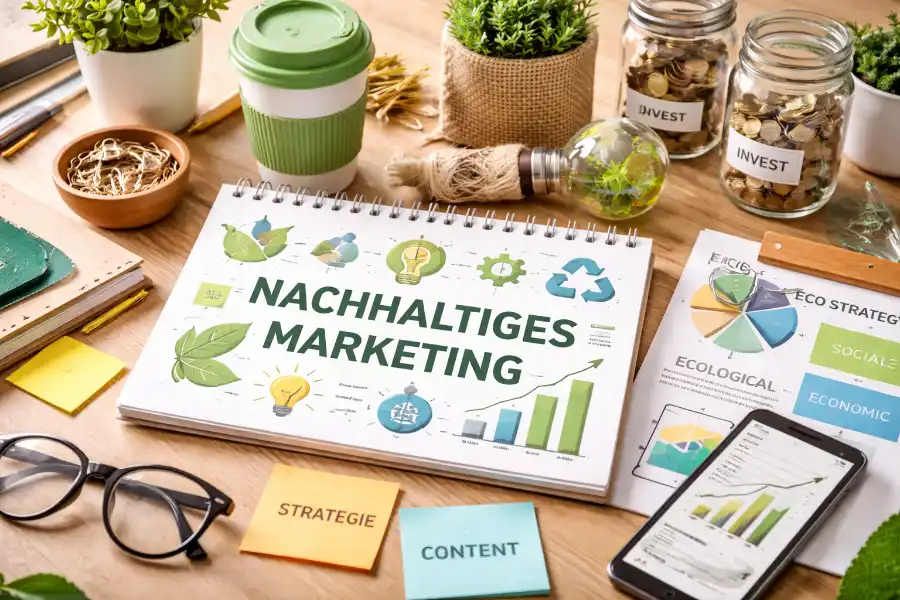 Nachhaltiges Marketing: Symbolbild mit nachhaltigen Elementen und strategischem Ansatz
