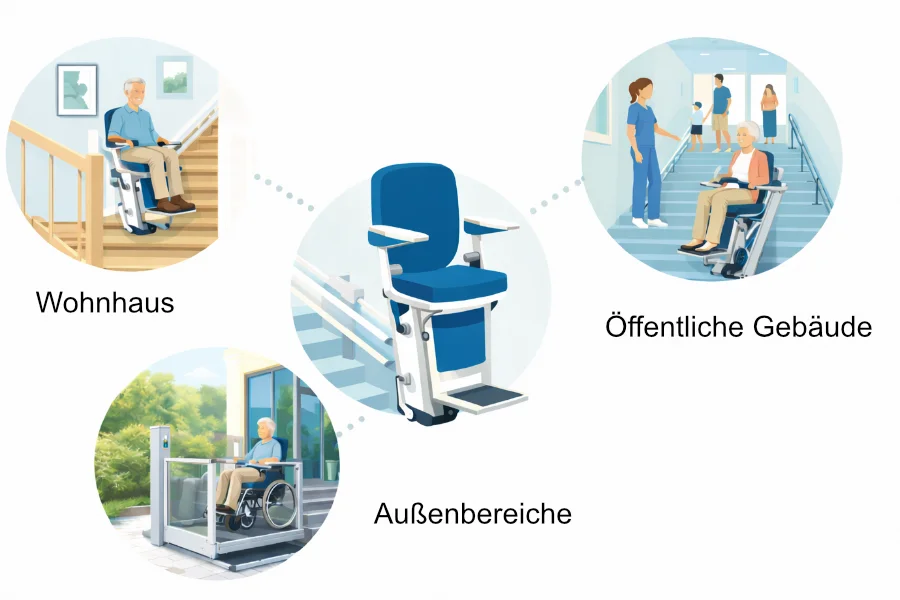 Nutzungsbereiche eines Treppenlifts in Wohnhäusern, öffentlichen Gebäuden und Außenbereichen
