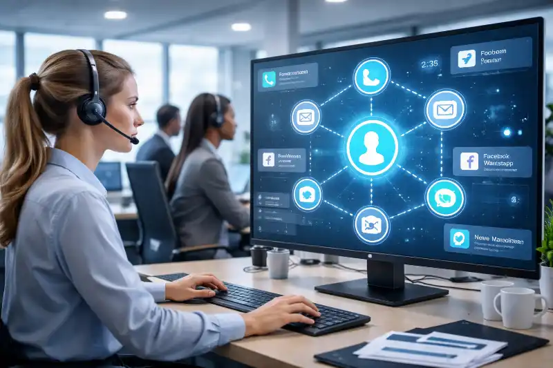 Omnichannel Kundenservice im modernen Callcenter mit Telefon, Chat und E Mail