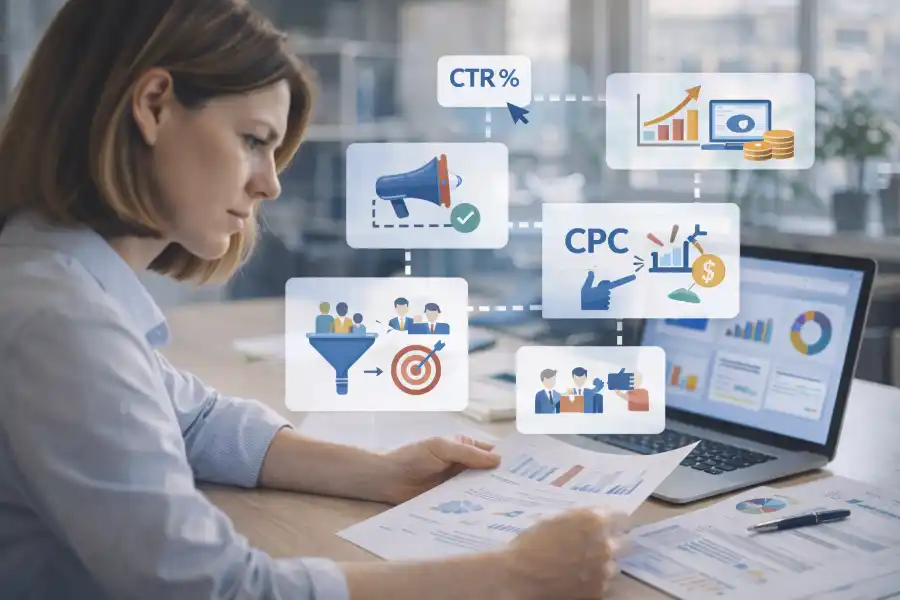 Unternehmerin wertet Online Marketing Kennzahlen aus