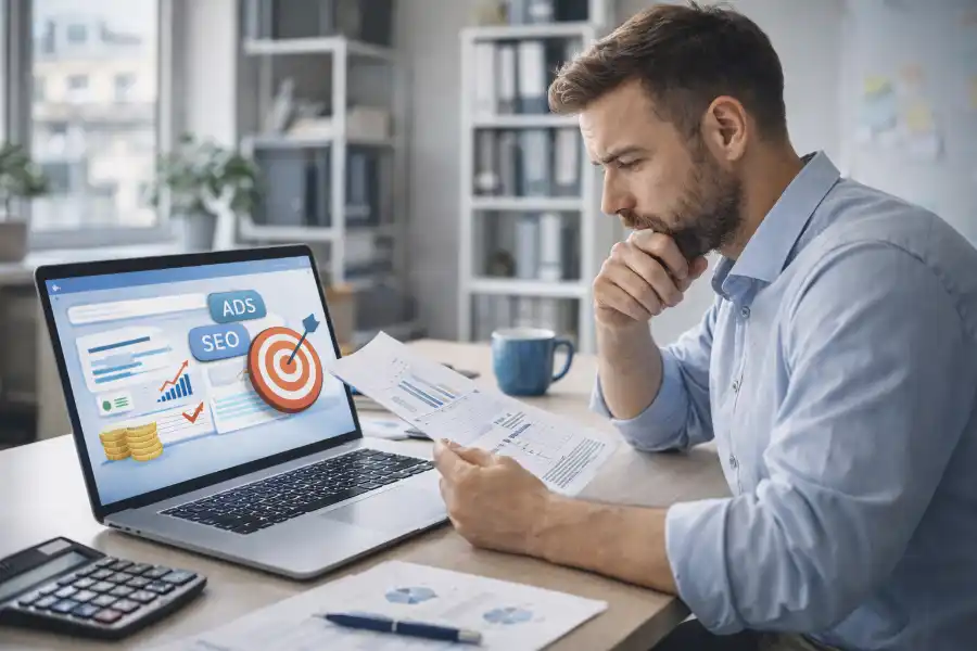 Unternehmer bewertet Online Marketing Aufwand und Budget