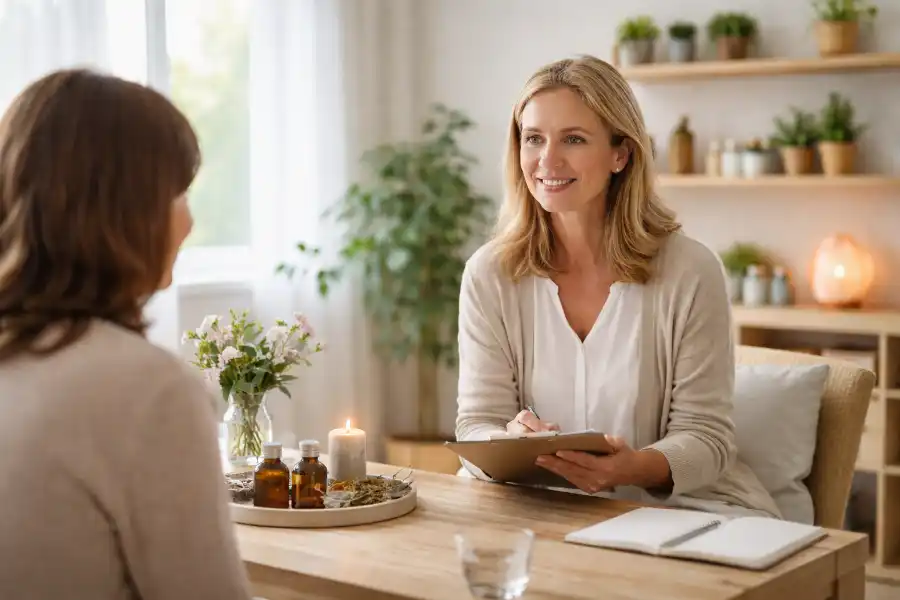 Ruhige, natürliche Szene in einem hellen Praxisraum, ohne gestellte Situation