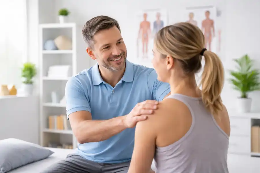 Physiotherapeut im ruhigen Gespräch mit Patientin in einer hellen, modernen Praxis