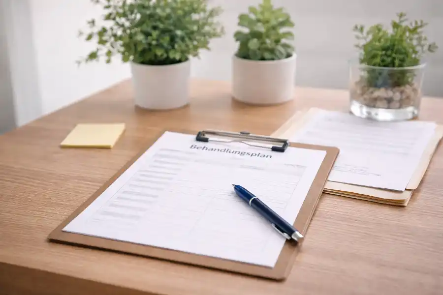 Ruhiger Praxis-Schreibtisch mit Terminplaner, Unterlagen und Pflanzen in einer Physiotherapiepraxis