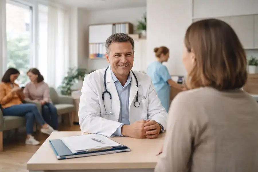 Ruhige Praxisszene mit freundlicher Atmosphäre in einer modernen Arztpraxis