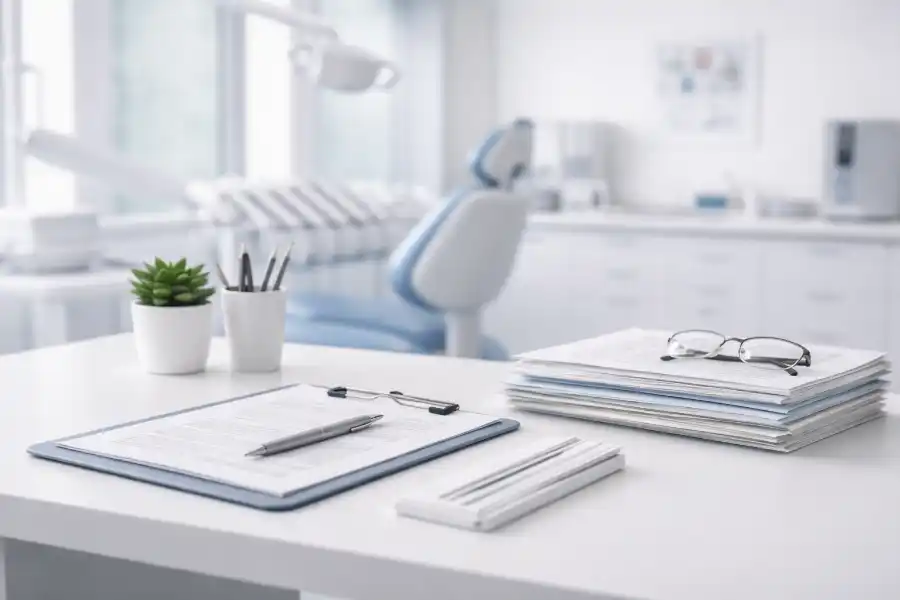 Ruhiger Schreibtisch mit Unterlagen in einer modernen Zahnarztpraxis ohne Personen