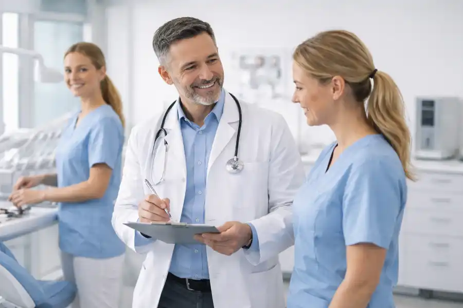 Zahnarzt bespricht Unterlagen mit Assistenz in ruhiger Praxisatmosphäre