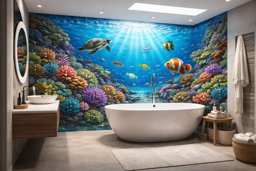 Badezimmer mit farbigem Airbrush Wandmotiv als Unterwasser Szene