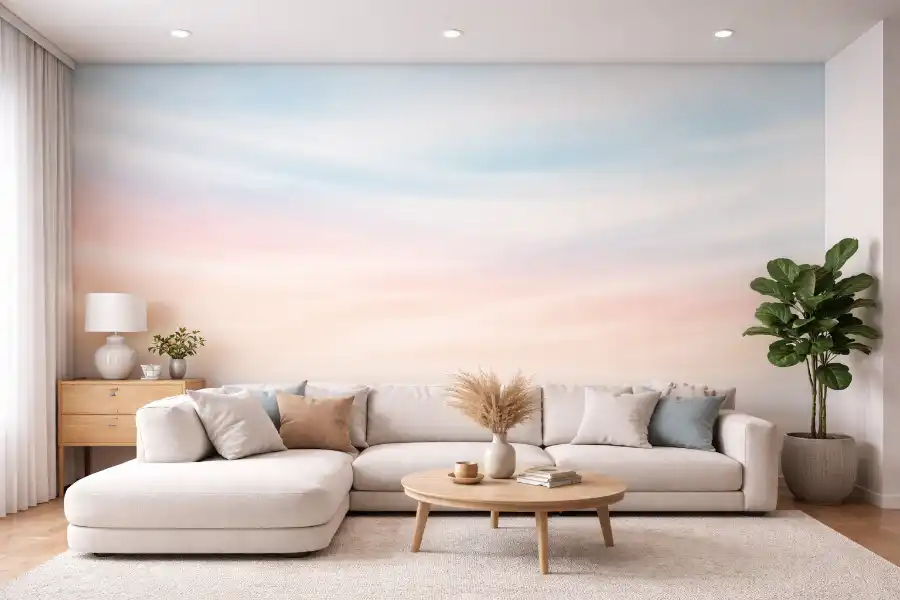 Wohnzimmer mit sehr dezenter Airbrush Wandgestaltung aus weichen Farbverlauf Streifen