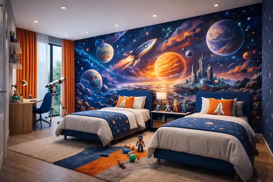 Kinderzimmer mit Airbrush Universum Motiv und Planeten als Wandgestaltung